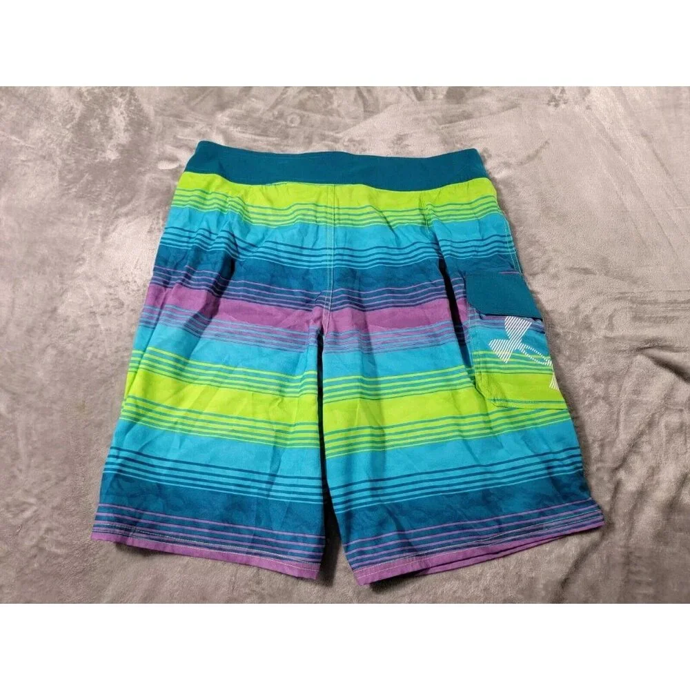 Under Armour Board Shorts Men 32x10 Blue Stripes Drawstring Waist Cargo Swimming